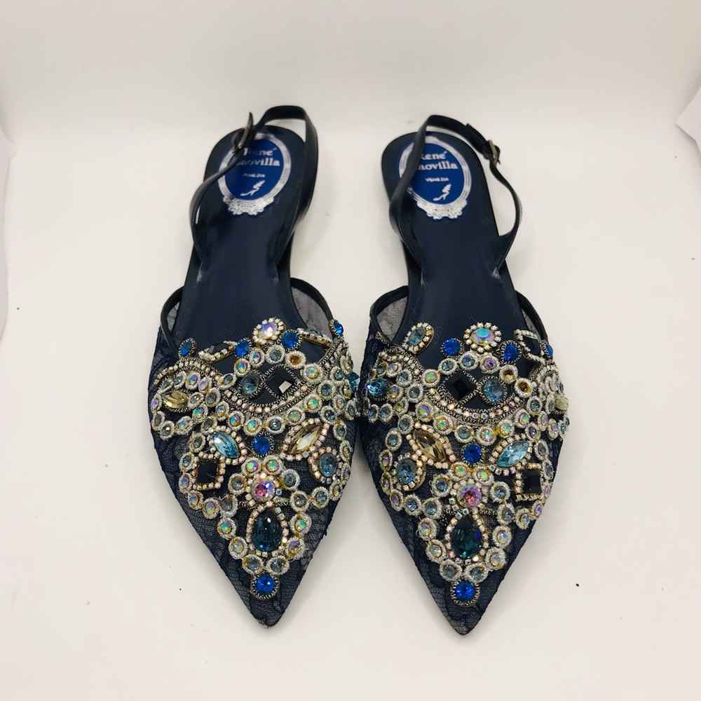 Rene Caovilla Navy Jeweled Pointed Slingback Flats with Multicolored Crystals